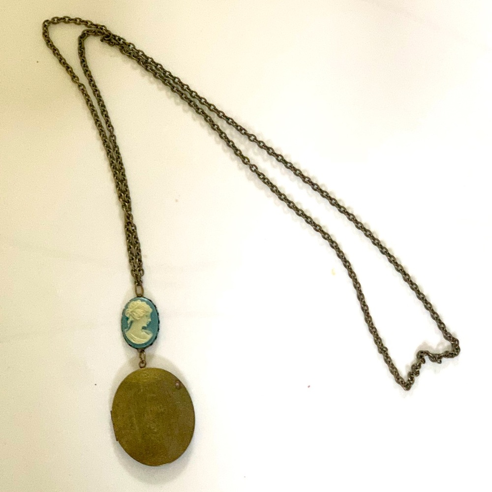 Handmade Large Brass Locket Cameo Long Chain Necklace